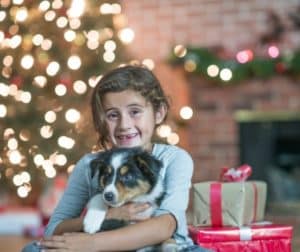 Holiday pet photo with a little girl smiling with her dog in front of presents