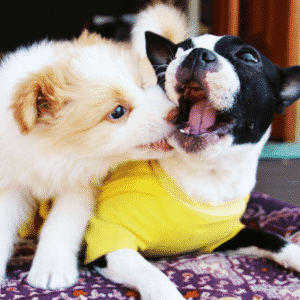 Two playful dogs - a fluffy cream-colored dog and a black and white dog wearing a yellow shirt